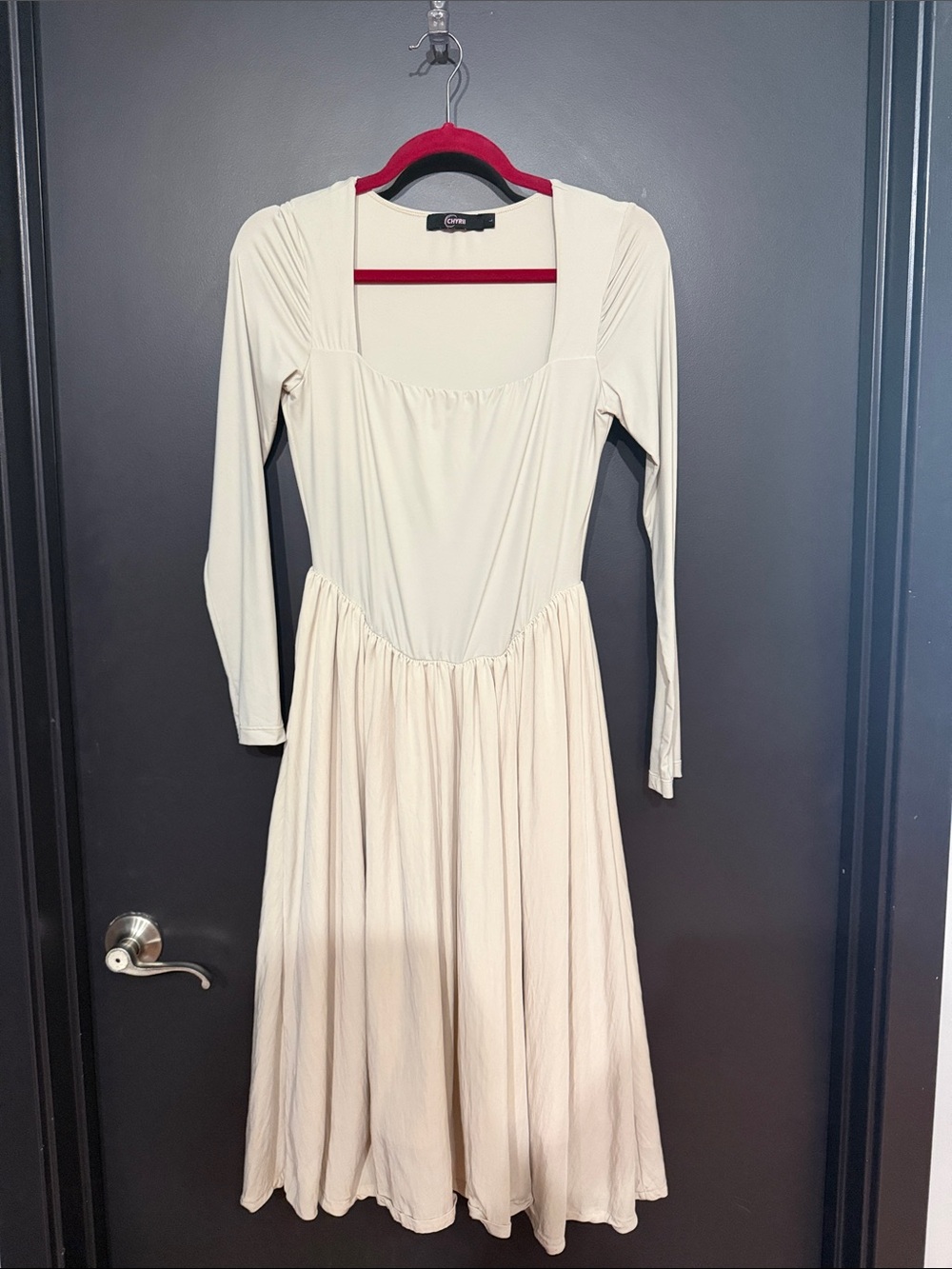 Cream Long-Sleeve Square-Neck Midi Dress